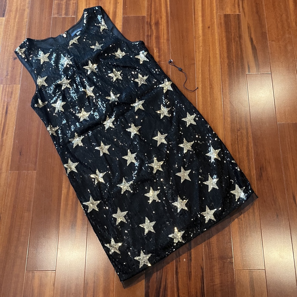 Tommy Hilfiger Black Gold Star Sequin Dress Mini Sheath Knee Sleeveless Sz 12